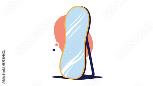 Modern full-length floor mirror standing on a dark base with abstract coral and navy background elements on white.