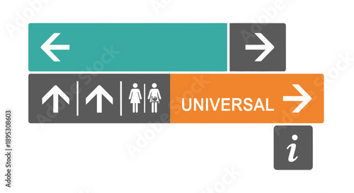 Directional Signs: Arrows, Toilet Icon, Universal Access, Information
