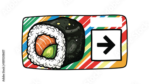 Graphic illustration of a sushi roll on a vibrant striped background with a black directional arrow on a white square.