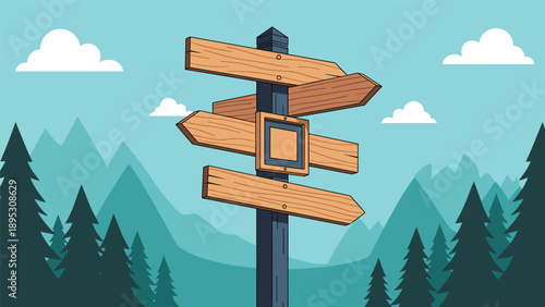 Multidirectional wooden signpost standing in a scenic mountain valley with pine trees and clouds in a flat art style.