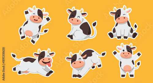 Modern vector sticker collection presenting a cute cow in various expressive designs and friendly styles, perfect for messaging apps, planners, and digital decoration