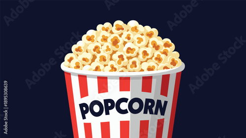 Classic red and white striped bucket filled with buttered popcorn against a dark navy blue solid background.