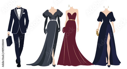 Elegant Evening Wear Collection: Tuxedo and Gowns