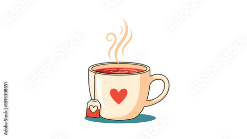 Warm cup of hot tea with a heart on the front and a heart-shaped tag on the tea bag string with rising steam.