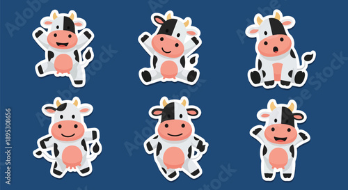 Modern vector sticker collection presenting a cute cow in various expressive designs and friendly styles, perfect for messaging apps, planners, and digital decoration