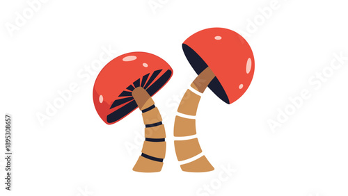 Pair of stylized mushrooms with red caps and thick brown stems growing closely together on a white background.