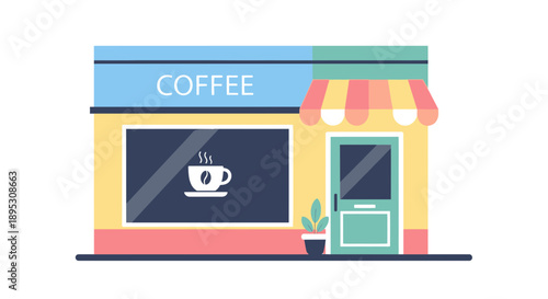 Flat illustration of a coffee shop exterior with signage and window display