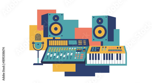 Music Studio Equipment: Speakers, Keyboard, Mixer, Microphone Illustration