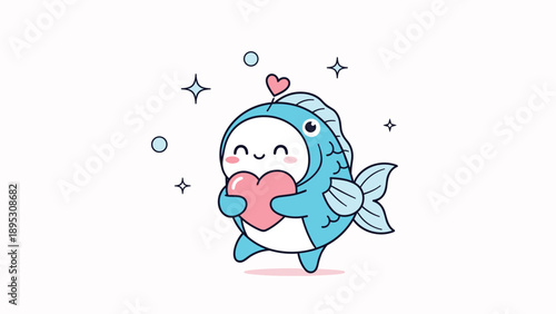 Cute little character in a blue fish costume holding a large pink heart surrounded by floating bubbles and stars.