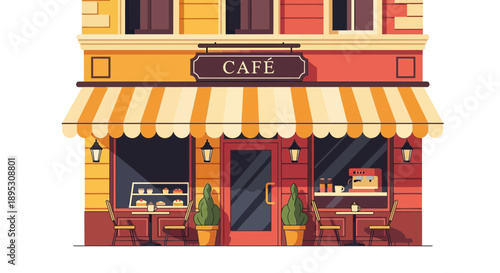 Charming Cafe Facade with Outdoor Seating