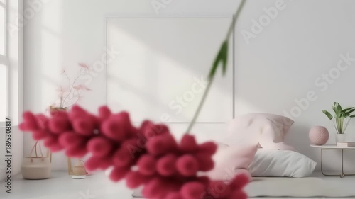 A serene interior featuring a minimalist white sofa adorned with plush pastel pillows, a large blank canvas on the wall, and vibrant floral elements.