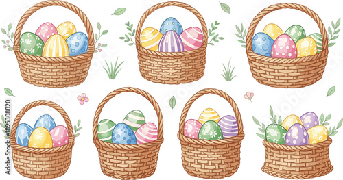 Watercolor Easter basket vector set with colorful painted eggs for spring holiday celebration and festive decoration design