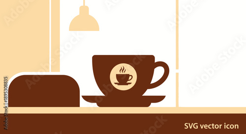 Coffee Cup Icon on Saucer with Steam and Lamp Accent