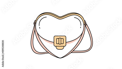 Fashionable heart shaped handbag in cream and pink colors featuring a golden metal buckle and long adjustable shoulder strap.