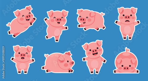 Modern vector sticker collection showing a cute pig in various expressive designs and playful styles, suitable for messaging apps, planners, journaling, and digital decoration