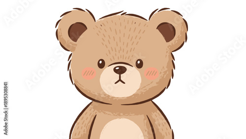 Close up portrait of a sweet brown teddy bear with rosy cheeks and a friendly face in a textured hand drawn painterly style.