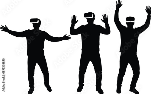Virtual reality headset silhouettes, immersive tech interaction, VR users in motion, black vector illustration, digital experience concept, technology art, flavector