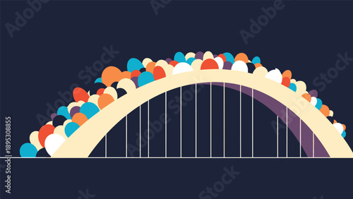 Abstract architectural bridge illustration with a modern arched structure covered in a colorful assortment of round shapes.