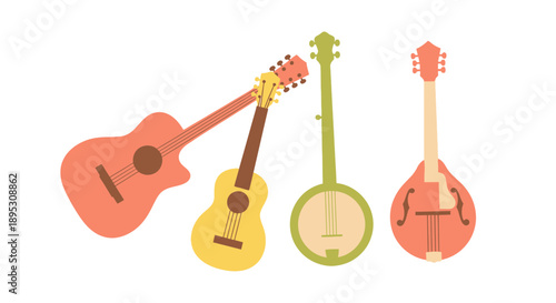 Vibrant String Instruments Collection: Guitar, Ukulele, Banjo, Mandolin