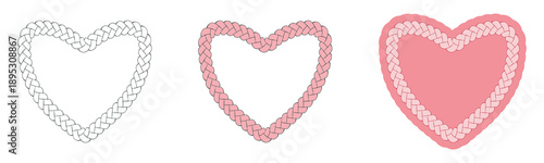 Braid frame set, love heart shape borders, hand drawn ink blob brush line ornament texture, sketch doodle groovy style contour, pink tones colour decorative isolated graphic rope element