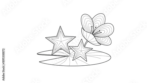 Intricate black and white line art of a blooming flower and two star patterns sitting on a large lily pad leaf for coloring.