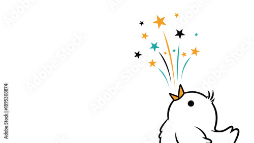 Whimsical illustration of a tiny white bird looking up while singing a magical trail of colorful stars into the night sky.