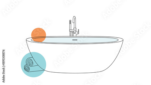 Modern white freestanding bathtub with a silver faucet and rolled orange and blue towels on the side in a minimalist style.