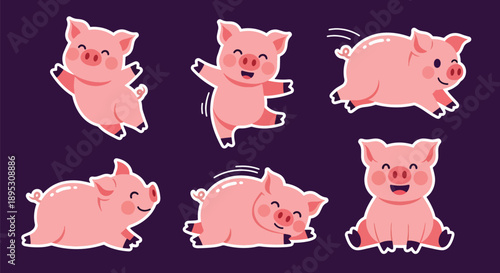 Modern vector sticker collection showing a cute pig in various expressive designs and playful styles, suitable for messaging apps, planners, journaling, and digital decoration