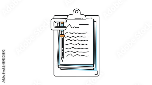 Office clipboard holding several paper documents with handwritten notes and a classic blue fountain pen attached for work.