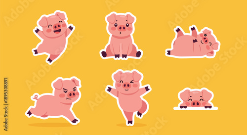 Modern vector sticker collection showing a cute pig in various expressive designs and playful styles, suitable for messaging apps, planners, journaling, and digital decoration