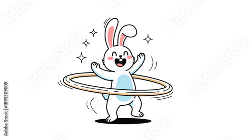 Happy cartoon bunny spinning a hula hoop with star accents, playful character illustration for fitness or fun activities.