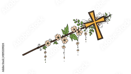 Golden Christian cross adorned with delicate pink flowers and green vines on a wooden staff, religious or spiritual symbol.
