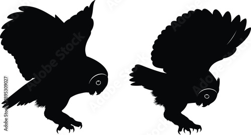 Two owl silhouettes in hunting pose with wings spread and talons extended isolated on white background for nocturnal wildlife designs