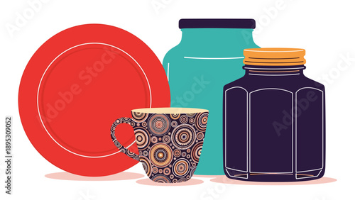 Still life composition featuring a red plate, blue jar, patterned coffee mug, and dark hexagonal canister for kitchen decor.