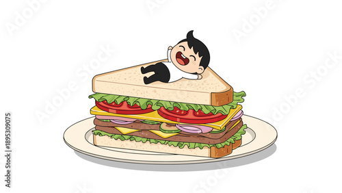 Miniature cartoon boy lying down on top of a giant multi-layered sandwich with meat and vegetables, fun food concept art.