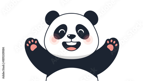 Joyful giant panda waving its paws with a big smile and pink cheeks, friendly animal character for nature or zoo themes.