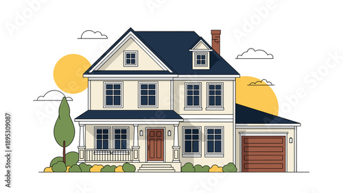 Grand two-story suburban house with a garage and landscaped garden under a warm sun, residential real estate illustration.