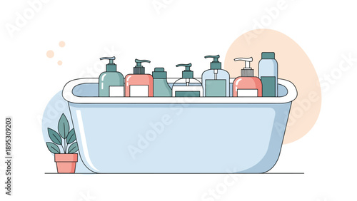 White plastic tub filled with various colorful soap and shampoo bottles, bathroom organization concept for personal care.