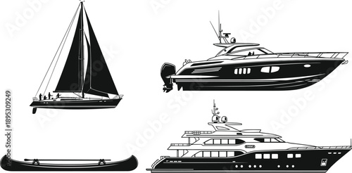boat silhouette yacht sailboat motorboat canoe luxury marine nautical watercraft black white