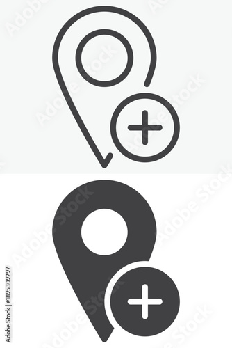Map pin add plus different style icon set. Line, outline and solid icon vector sign symbol with editable stroke. Add location icon for new places.
