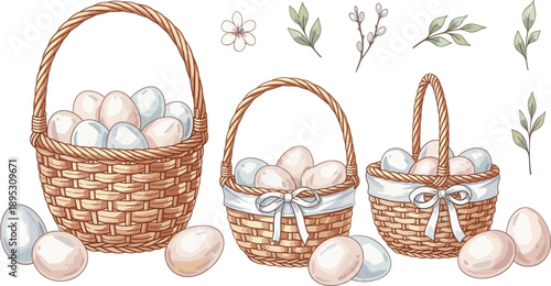 Watercolor Easter basket vector set with pastel eggs and ribbons for spring holiday celebration and greeting card design