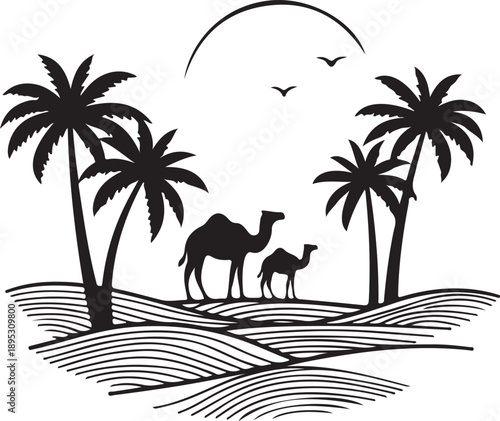 Serene desert oasis scene featuring a camel family under a stylized sun with palm trees