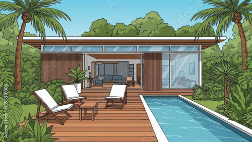 Modern villa with wooden deck beside a blue pool and palm trees.