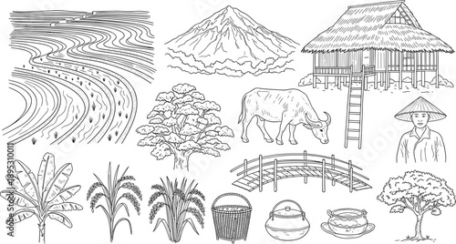 Hand drawn rural landscape elements set featuring rice fields mountains village houses farmers trees animals bridges and traditional countryside objects in black and white sketch style