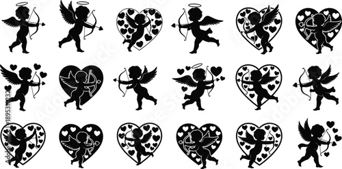 cupid angel silhouette love heart valentines romance cherub bow arrow romantic illustration