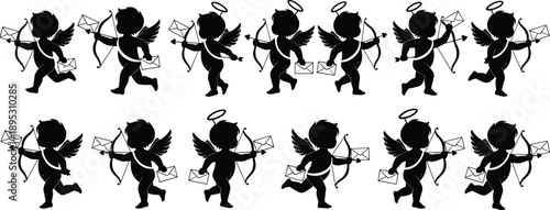 Cupid, silhouette, envelope, bow, arrow, wings, child, love, heart, Valentine, icon, pattern, repeat, halo, black, white, vector, illustration, design, romance