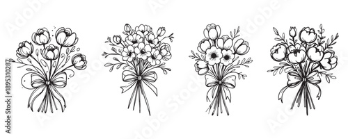 Elegant hand-drawn floral bouquet collection with decorative ribbons, vintage botanical line art flowers, romantic wedding and greeting card illustration set