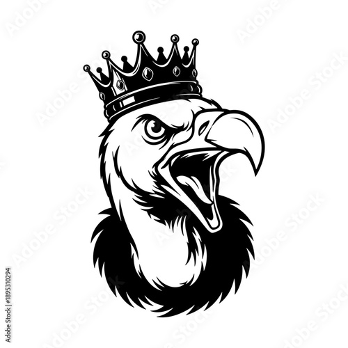 A bold black vector vulture head with open beak mascot wearing crown