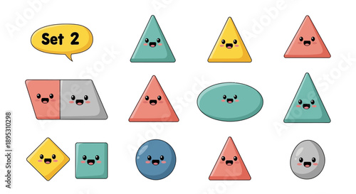 Cute geometric shapes with faces in various colors and forms