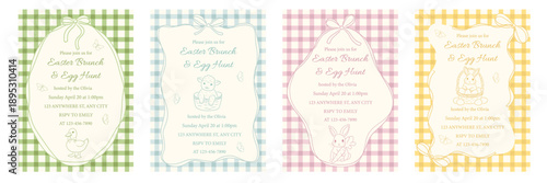 Easter hand drawn vintage invitation card set with gingham background, bunny, lamb and duck, ribbon bows, frames. Spring brunch and egg hunt party design